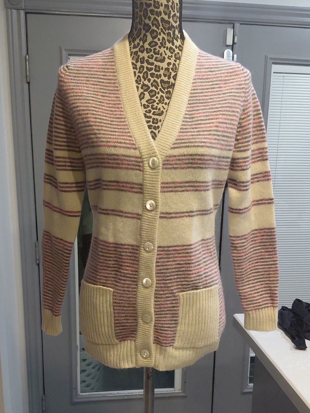 Wool Handmade Striped Cream and Pink Button-Up Cardigan